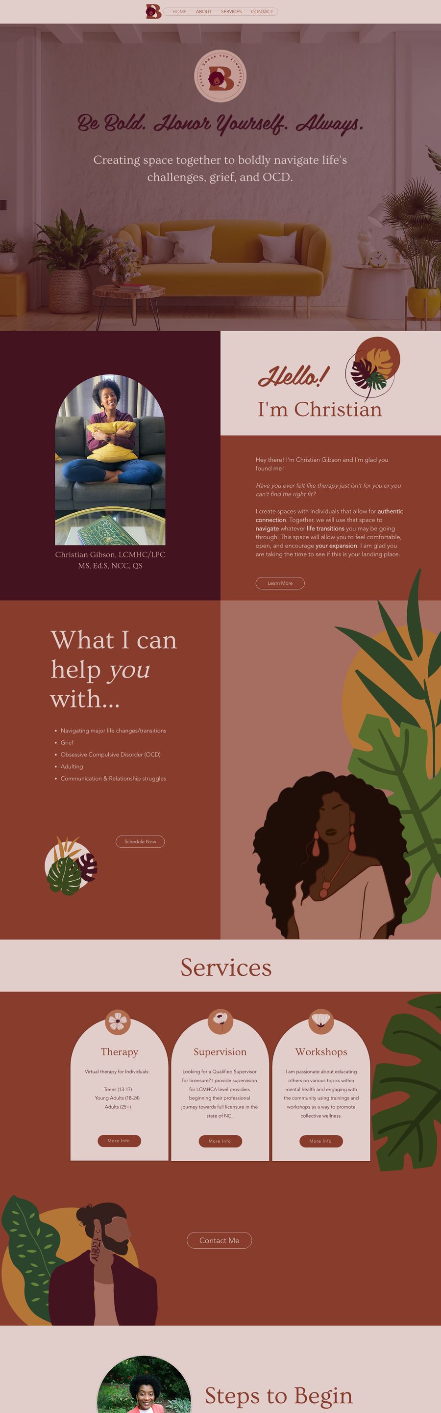 The full Boldly Honor You homepage: Be Bold. Honor Yourself. Always., Hello! I'm Christian, What I can help with, Services and Steps to Begin Therapy.