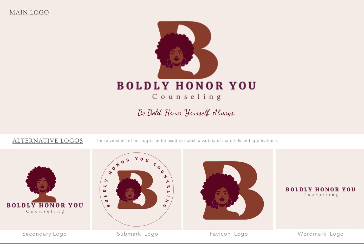 Boldly Honor You logo suite: the main logo, a B with an illustrated woman, plus a secondary logo, round submark, favicon and wordmark.