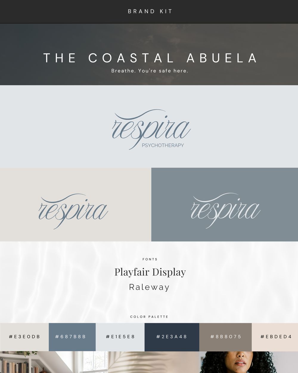 The Coastal Abuela brand board: the Respira script logo, coastal blue panels, Playfair Display and Raleway.