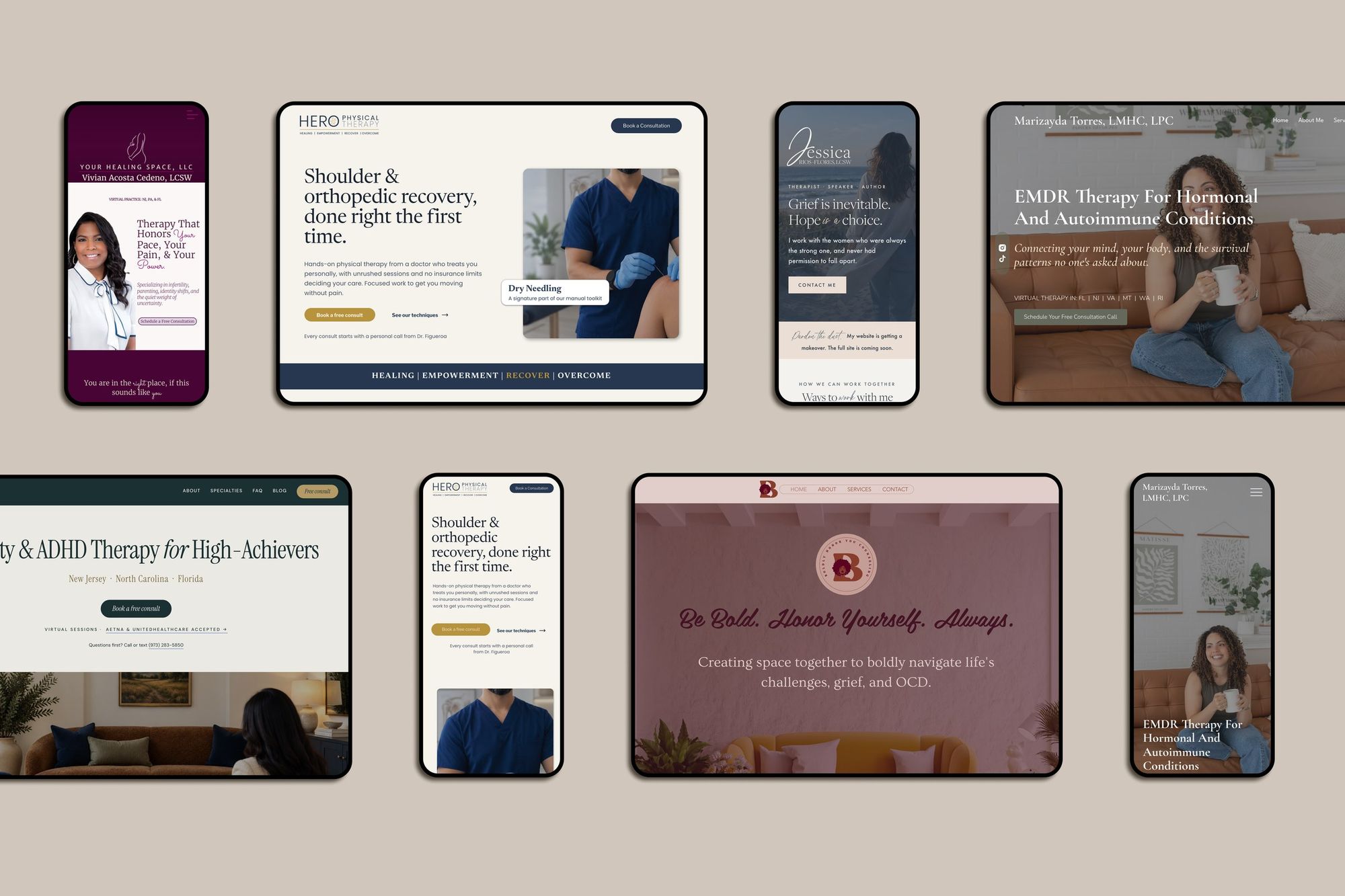 Eight screens in two rows: Your Healing Space, Hero Physical Therapy, Jessica Rios-Flores, Healing Touchstone, Path to Rise and Boldly Honor You on phones and tablets.