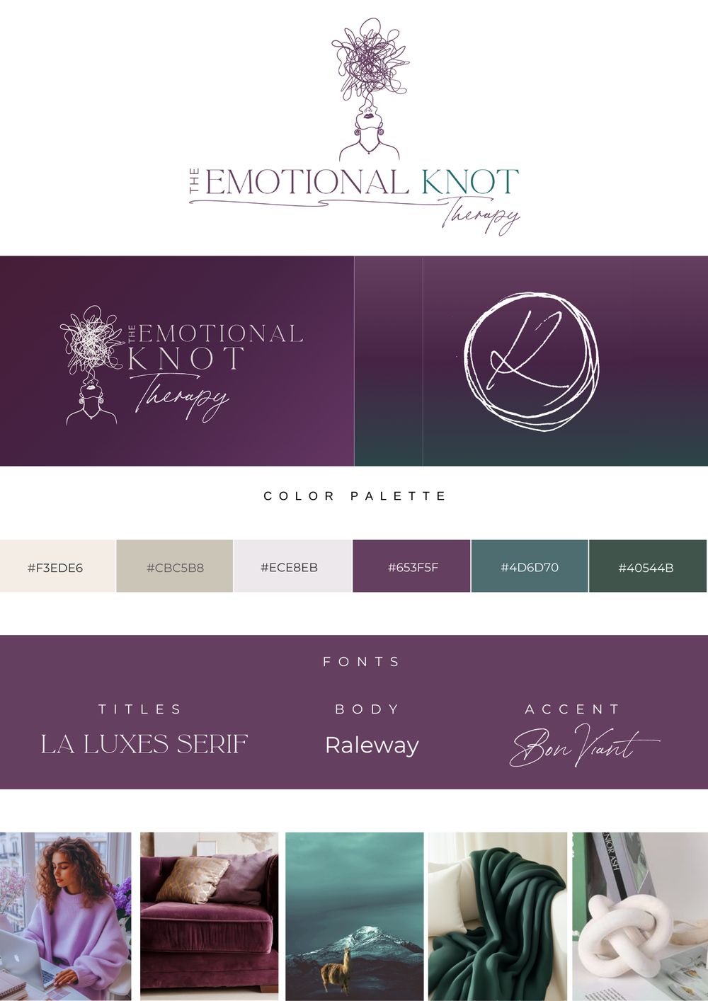 The Emotional Knot brand board: logos, a mulberry and juniper palette, La Luxes Serif, Raleway and Bon Vivant type, and moody mood images.