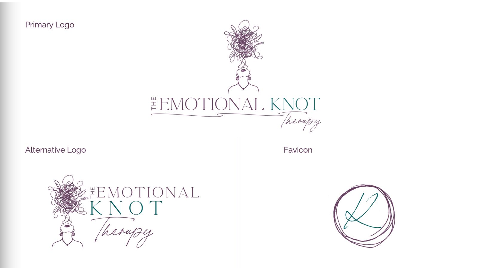 Logo suite page: primary logo with a line-art woman whose head is a tangle of thread, an alternative logo and a scribbled K favicon.