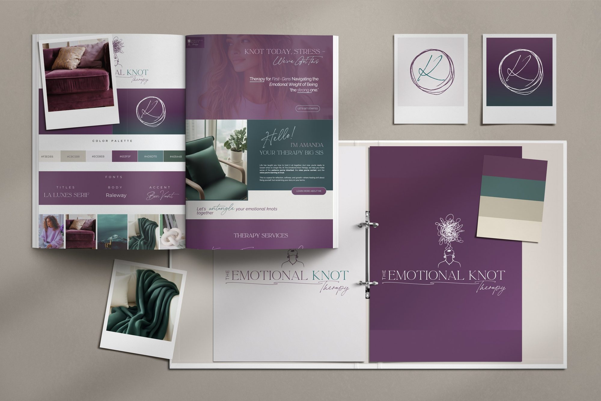 The Emotional Knot brand binder: brand board, website design, logo pages, mood photos and palette.