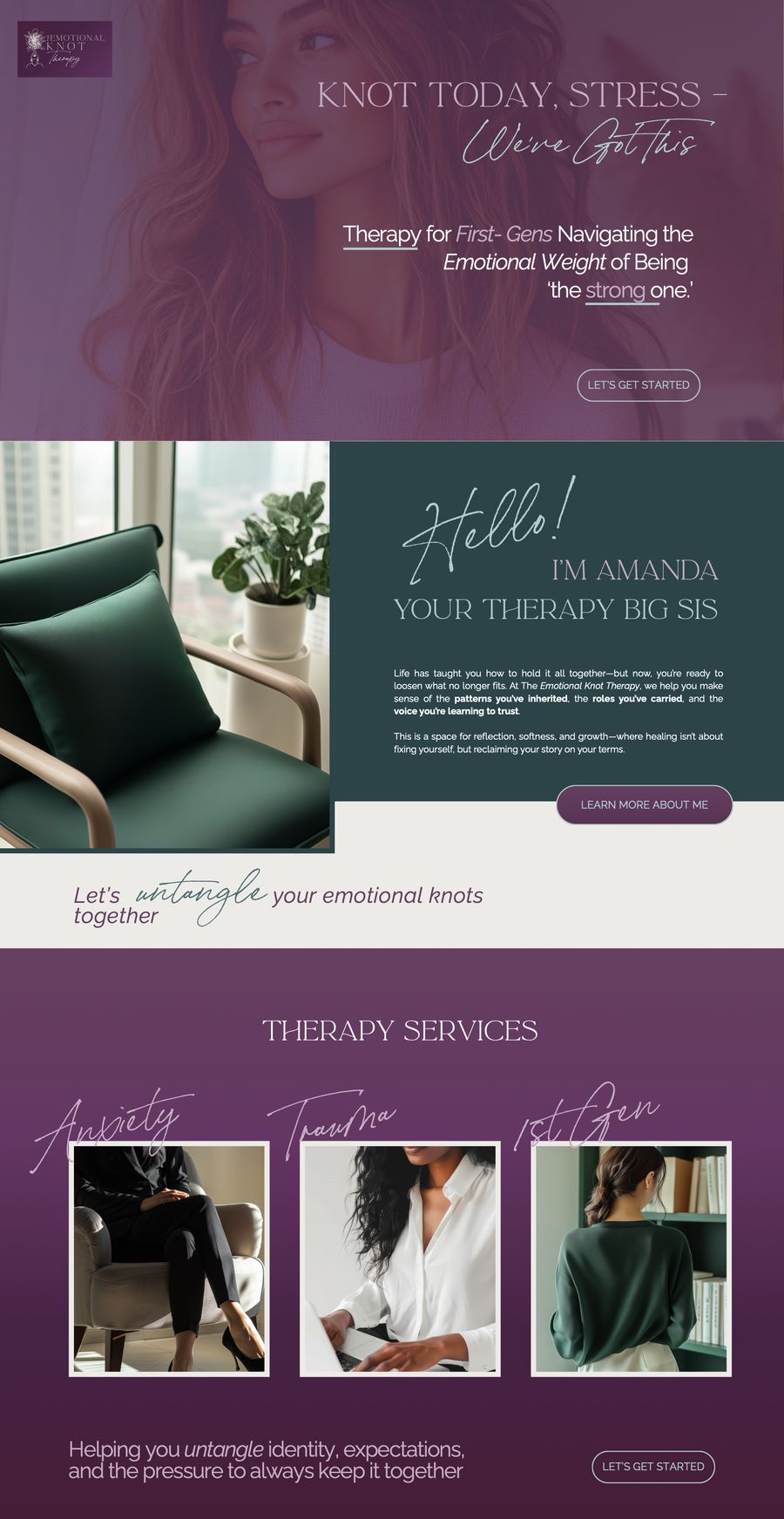 Website mockup: Knot Today, Stress, then Hello amiga, I'm Amanda, your therapy big sis, in mulberry and green.