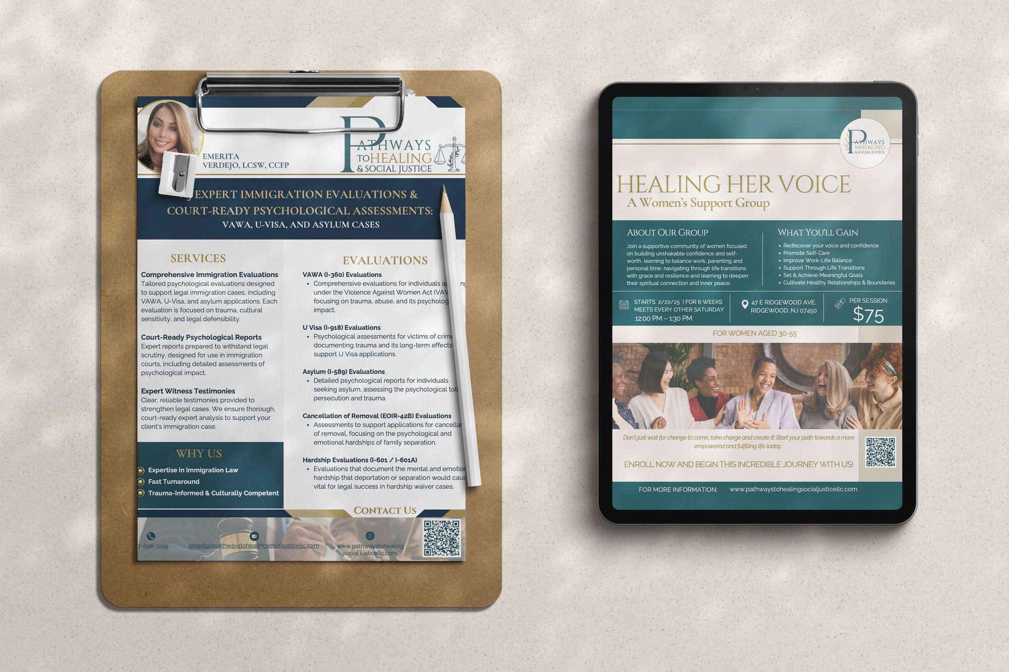 Emerita's immigration evaluation one-sheet on a clipboard beside her women's group flyer on a tablet.