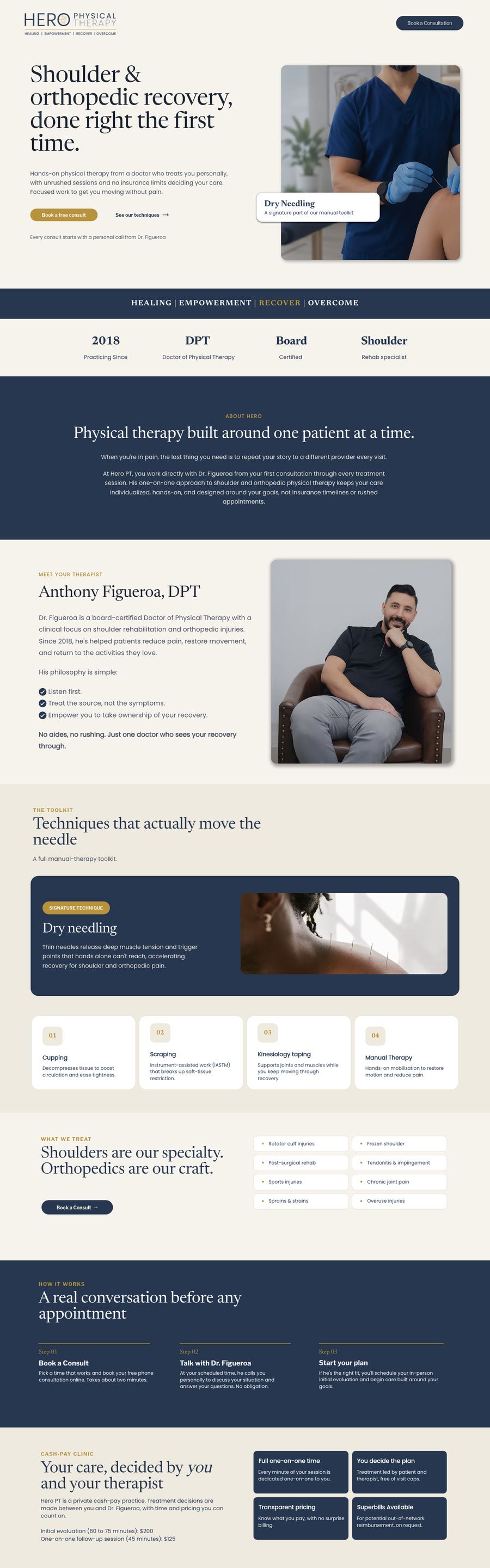 The full Hero Physical Therapy homepage: hero, credential strip, About Hero, Meet your therapist, techniques, FAQ and the consult form.
