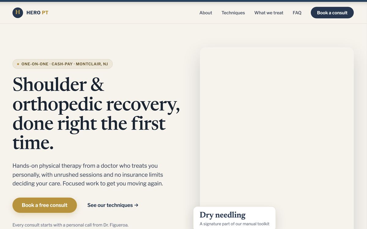 Direction 1: warm cream background, serif headline, gold button.
