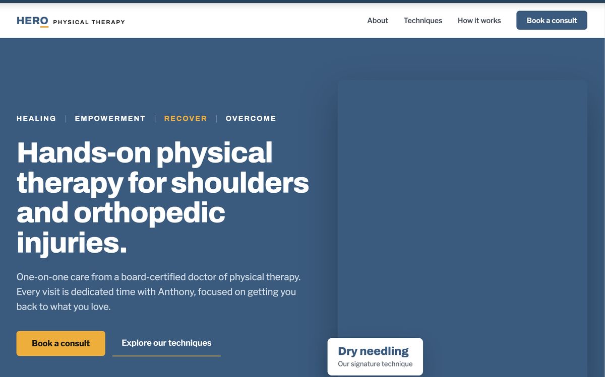 Direction 2: bold slate-blue hero with a heavy sans-serif headline.