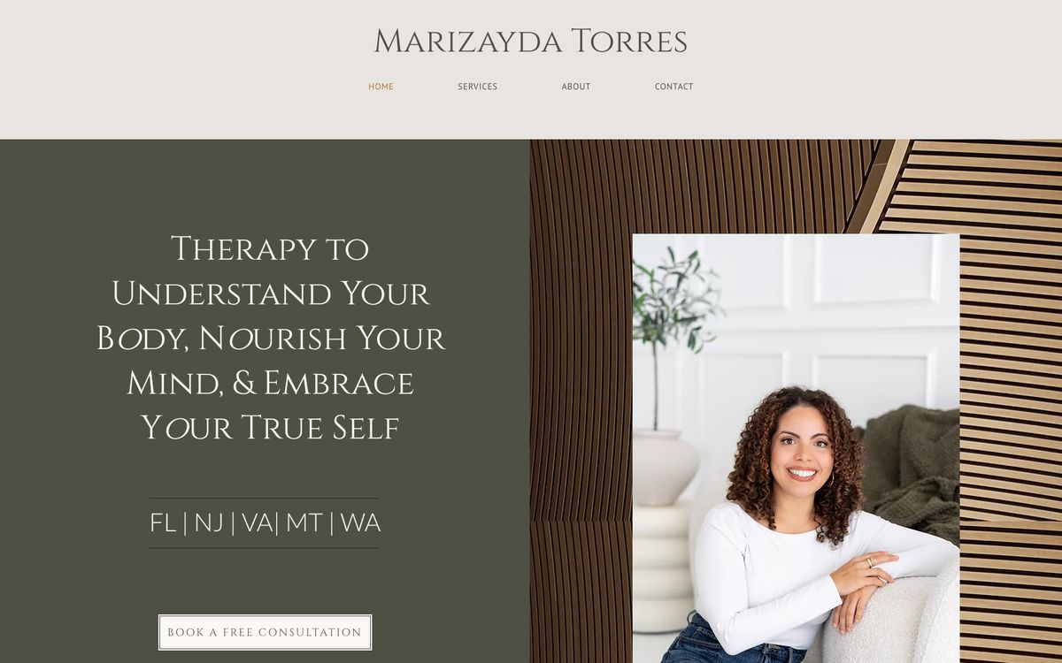 The 2024 draft site: Therapy to understand your body, nourish your mind and embrace your true self, on olive with wood slats.