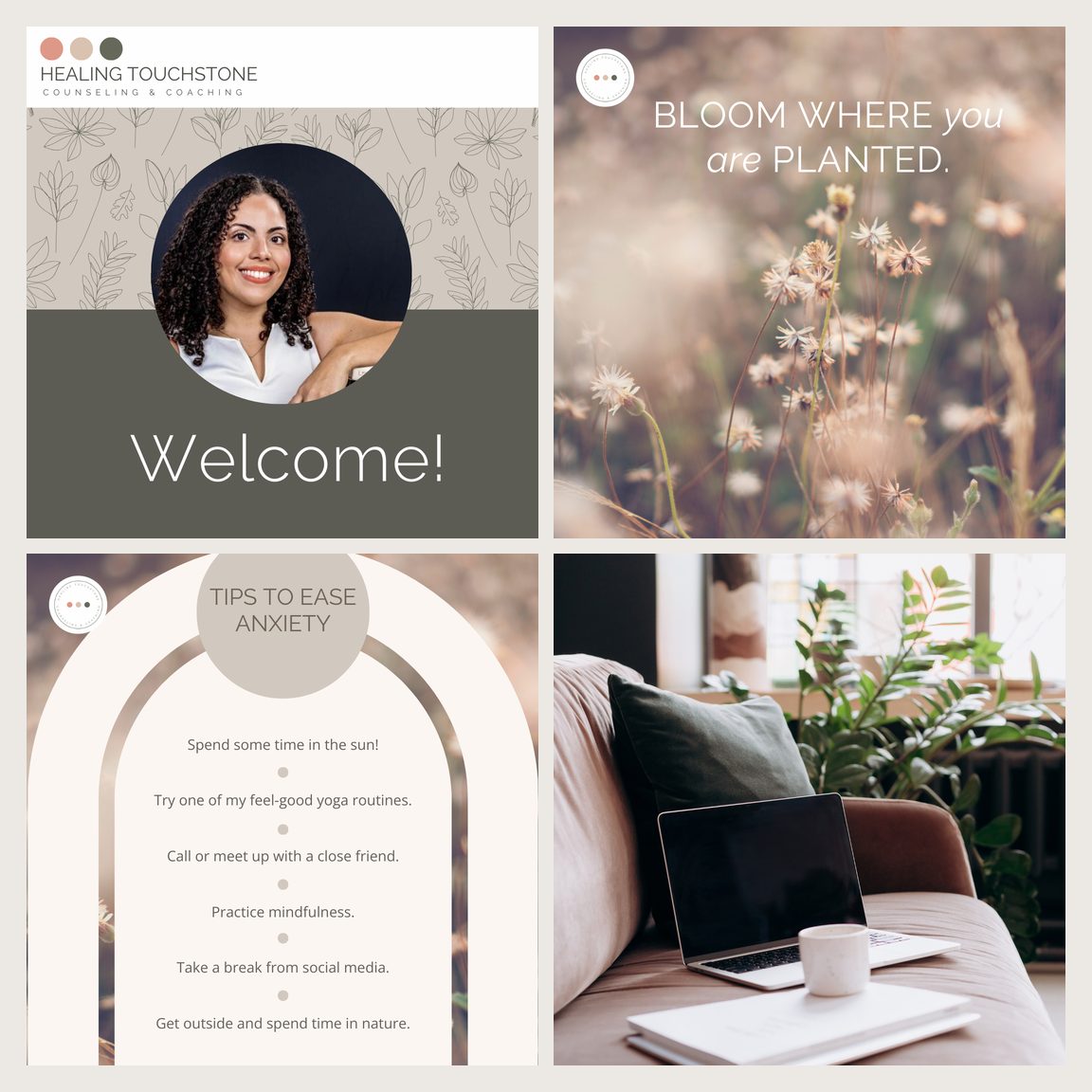 Mari's first Instagram posts from March 2024: a Welcome post with her photo, Bloom where you are planted, Tips to ease anxiety, and a laptop on a sofa, in peach and soft neutrals with a three-dot logo.