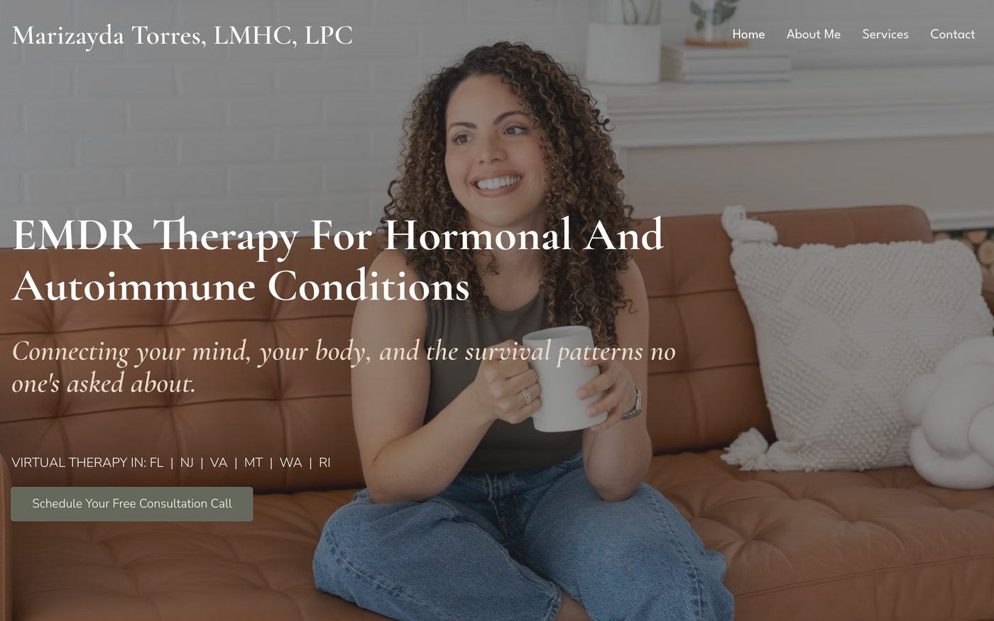 Mari's site today: EMDR Therapy for Hormonal and Autoimmune Conditions, with Mari on a leather sofa holding a mug.