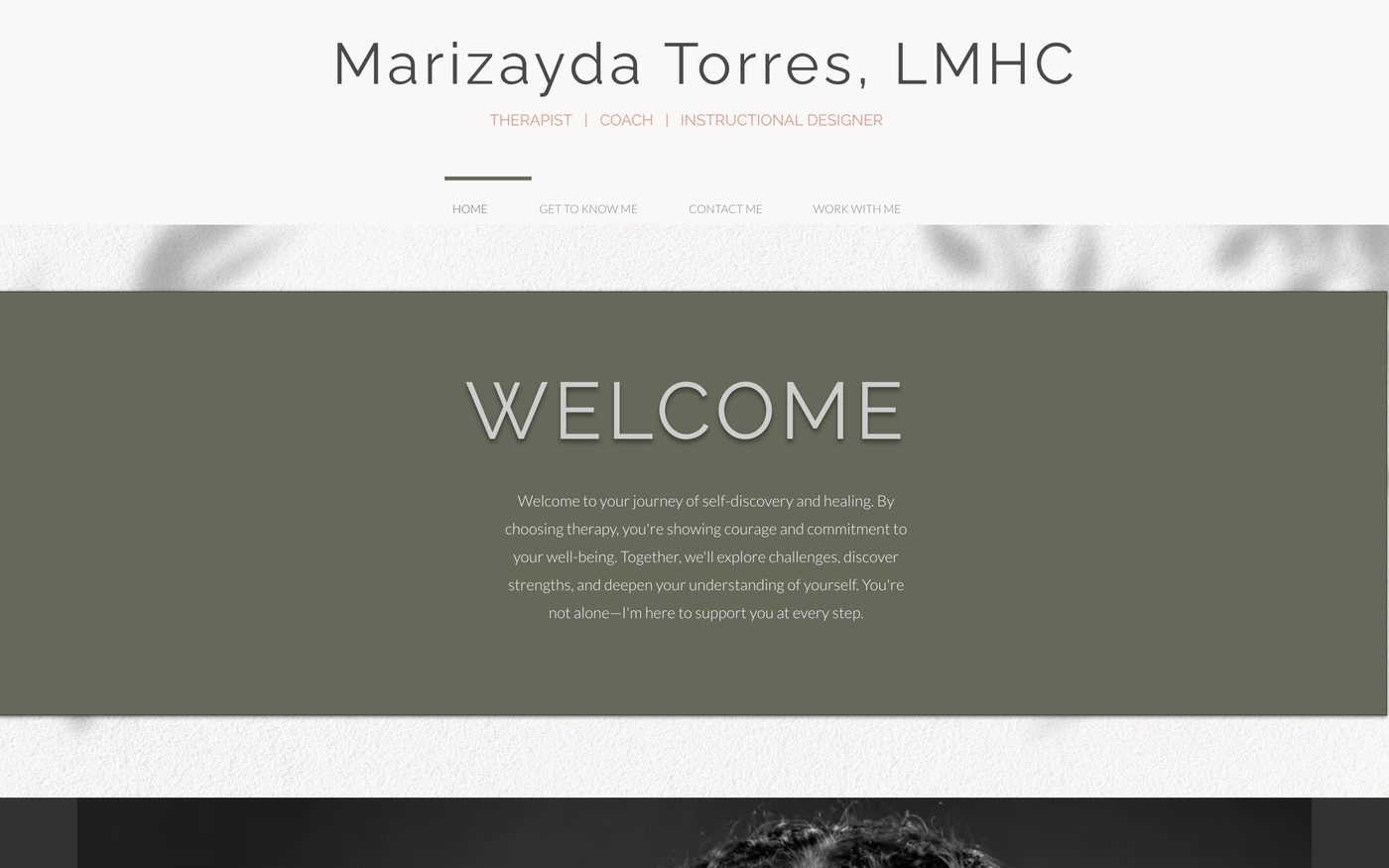Mari's first site from April 2024: Marizayda Torres, LMHC, Therapist, Coach, Instructional Designer, over a sage Welcome banner.