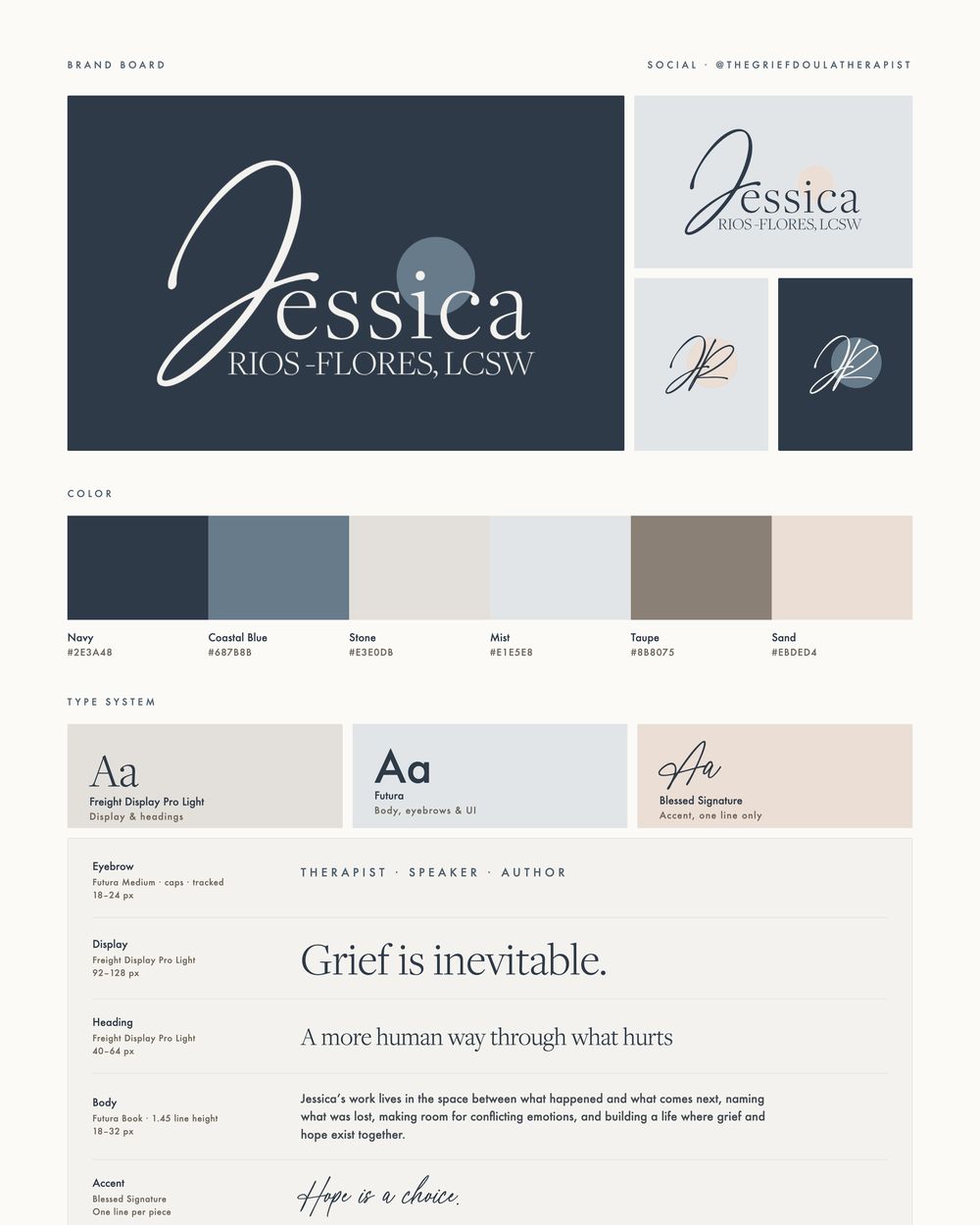 Jessica's brand board: her Jessica lockup and JR monogram on navy, six coastal colors and Freight Display type.