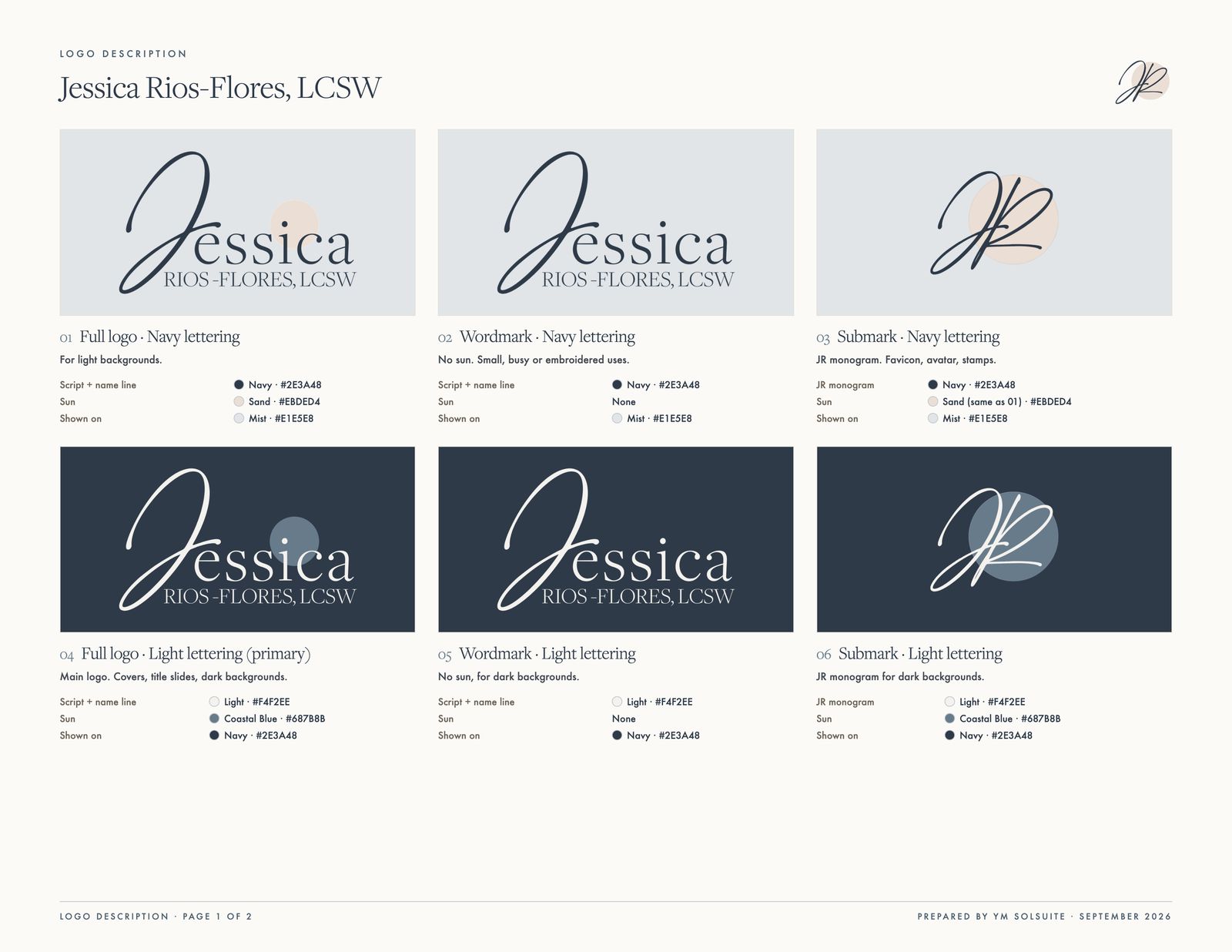 Jessica's six-logo suite: full logo, wordmark and JR submark, in navy on light and light on navy.