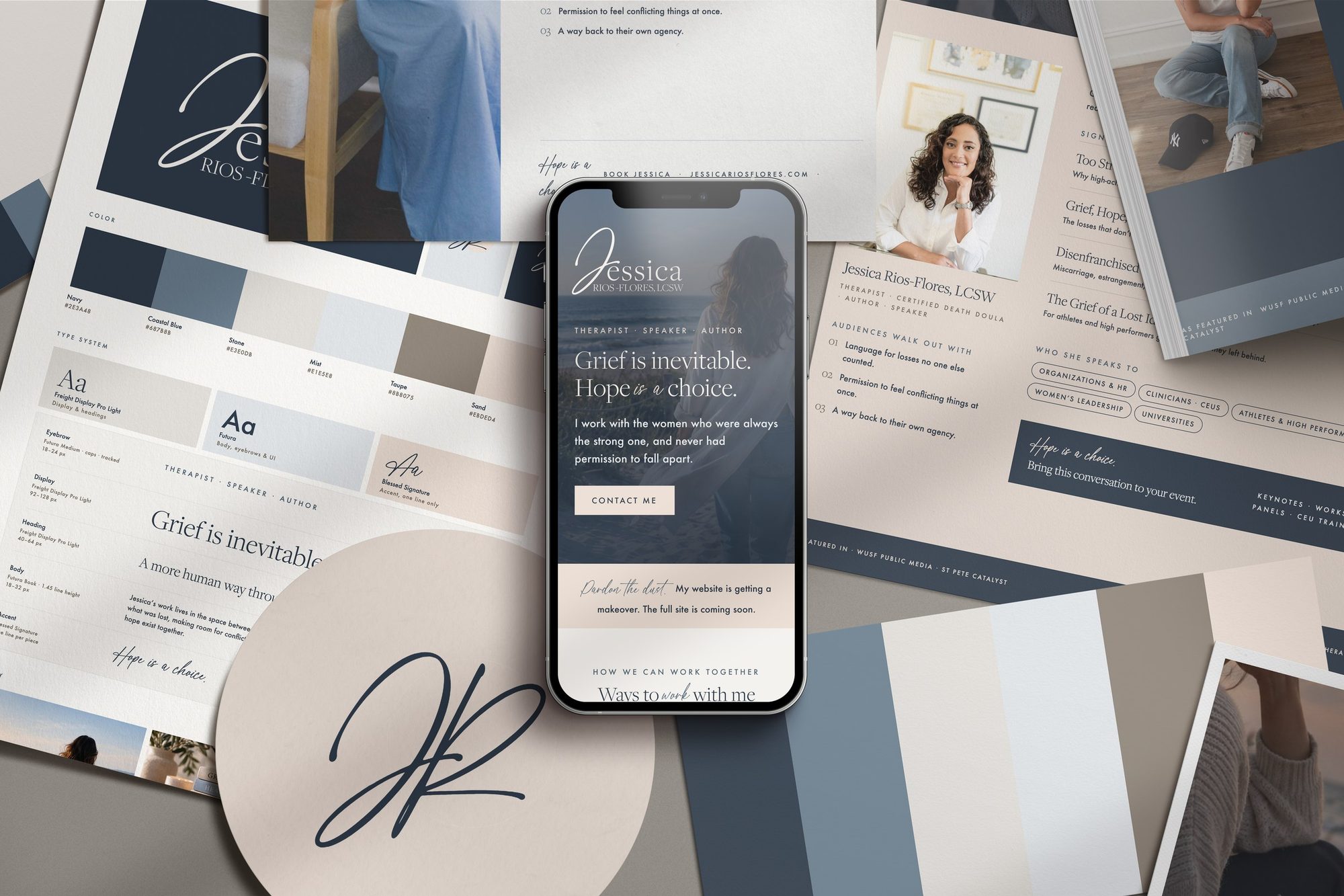 Jessica Rios-Flores brand pieces laid out on a table: her landing page on a phone, brand board, speaker sheets, palette and JR monogram.