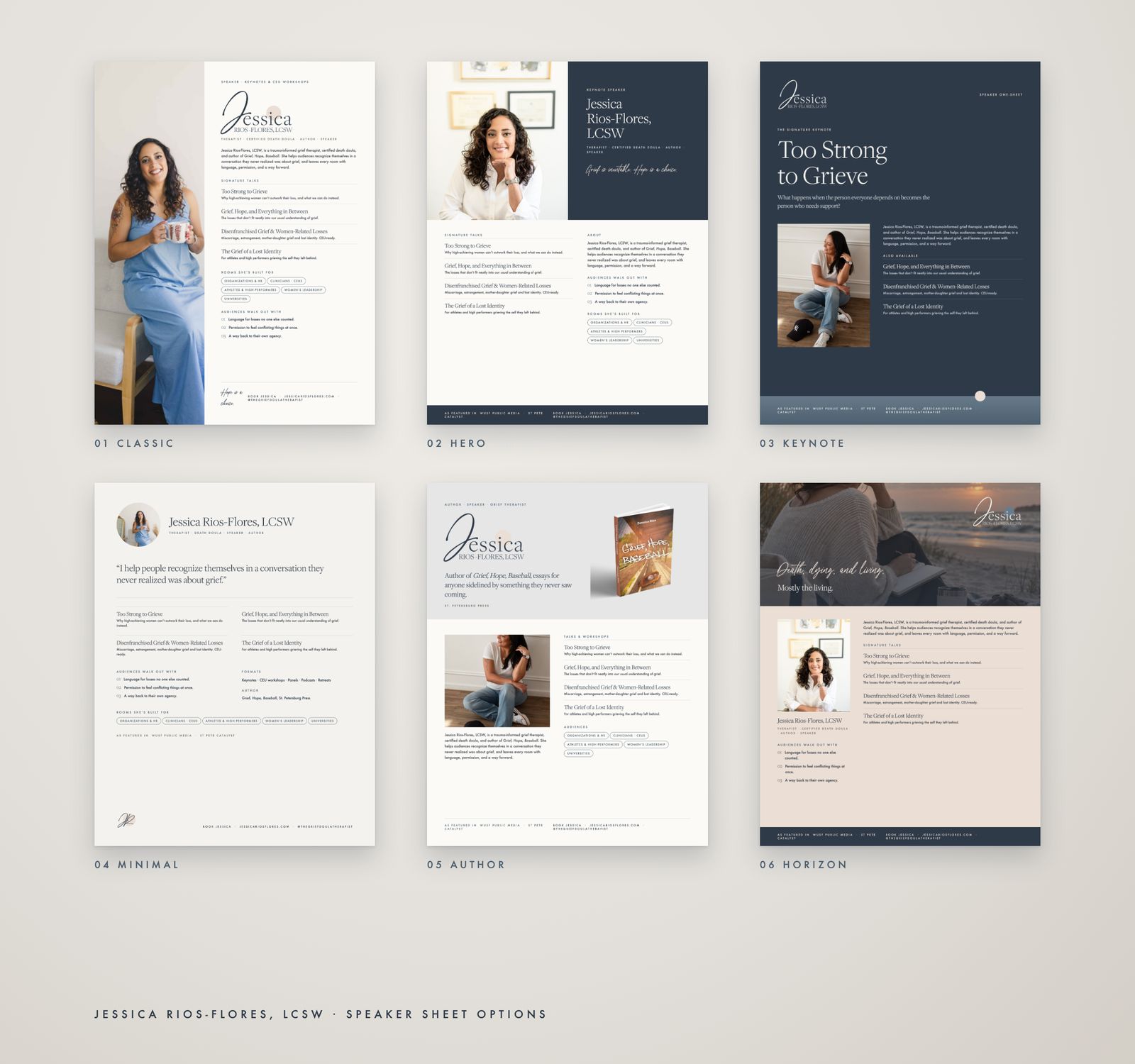 Six speaker sheet options laid out side by side.