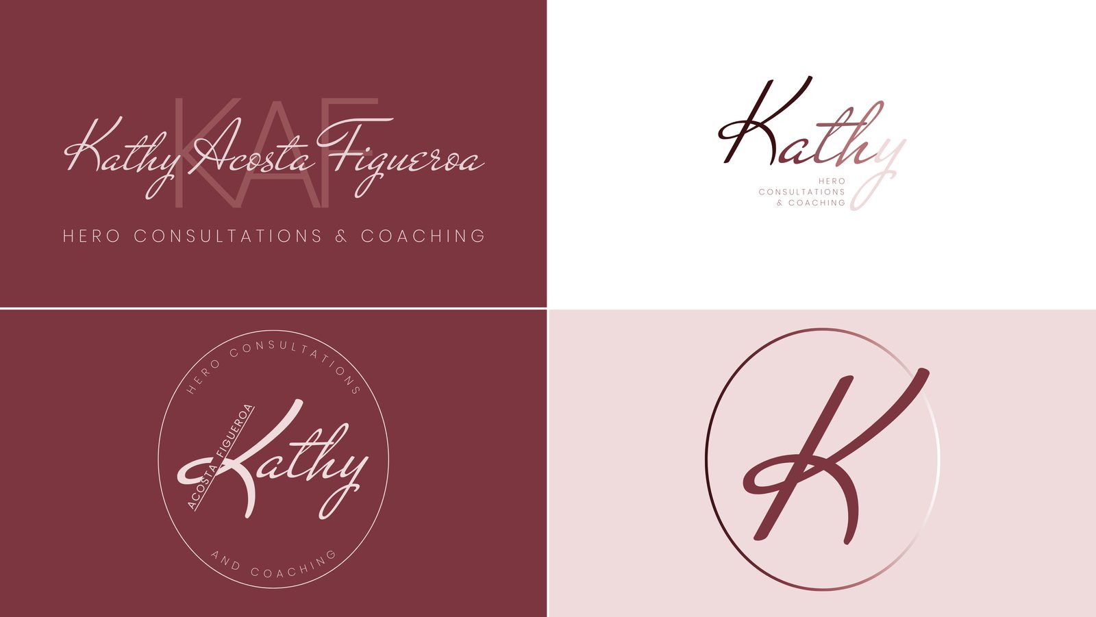 HERO Consultations logo suite: the Kathy Acosta Figueroa script wordmark, a secondary logo, a round submark and a K favicon.