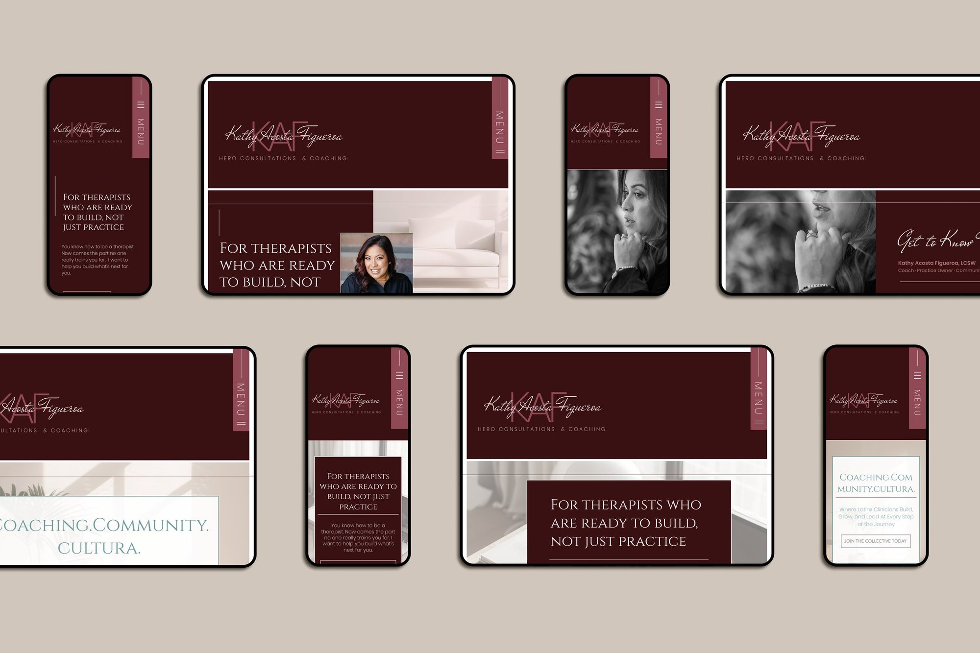 HERO Consultations and Coaching on four phones and four tablets, in burgundy and dusty rose.