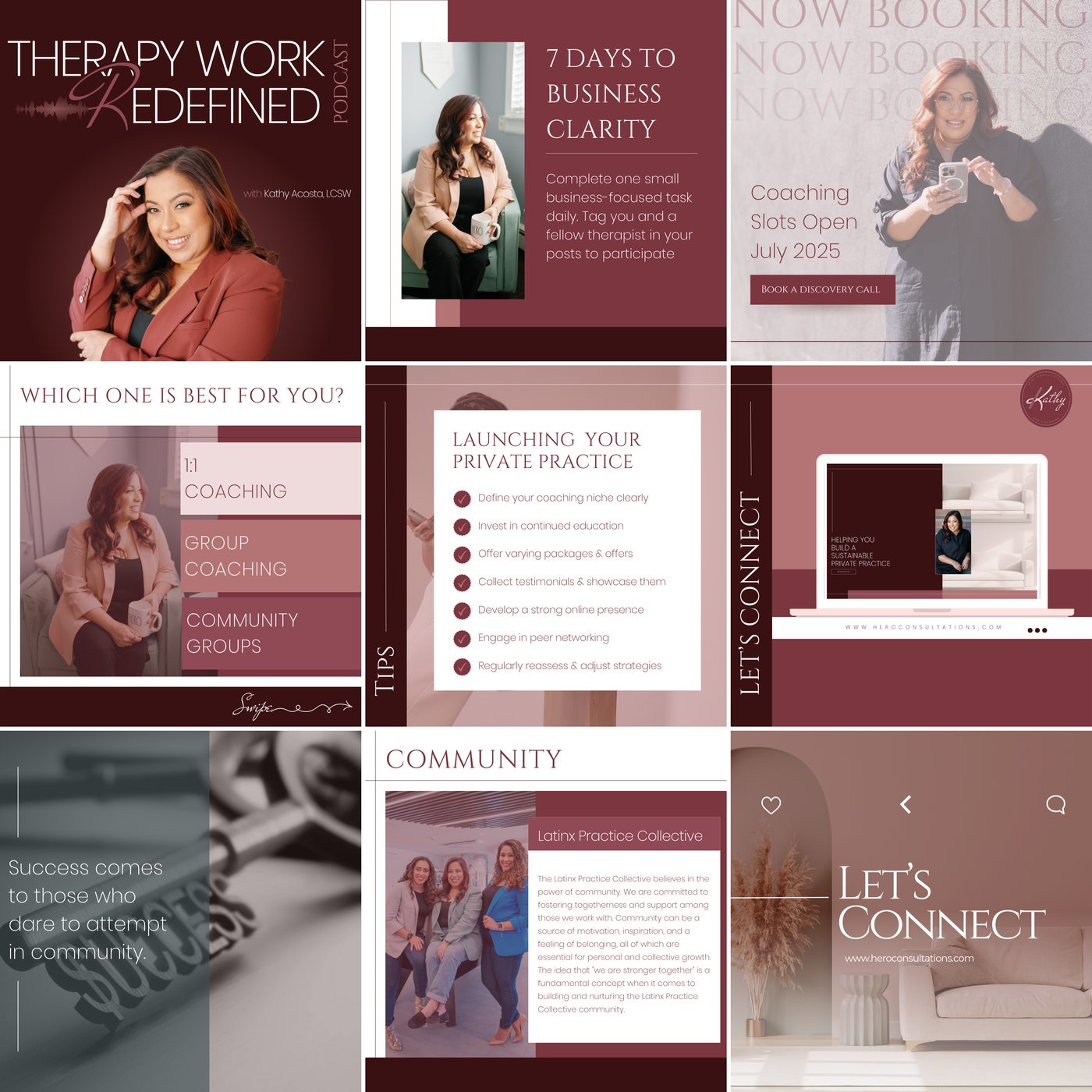 Nine of Kathy's Instagram posts in burgundy and blush, with her photos and coaching tips.