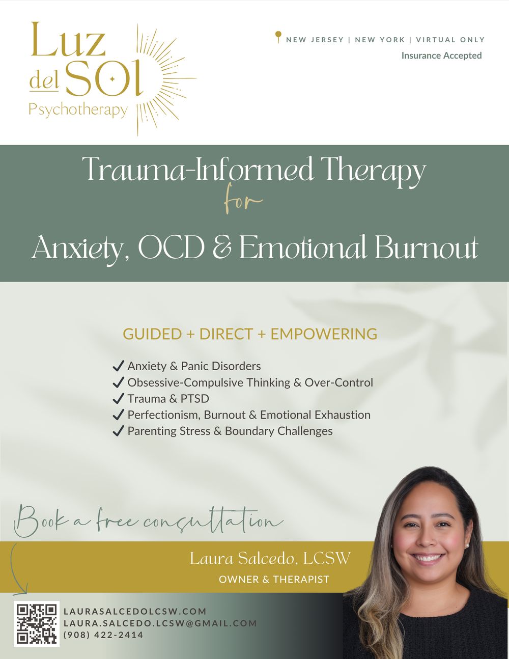 Luz del Sol Psychotherapy flyer: trauma-informed therapy for anxiety, OCD and emotional burnout, with Laura's portrait.