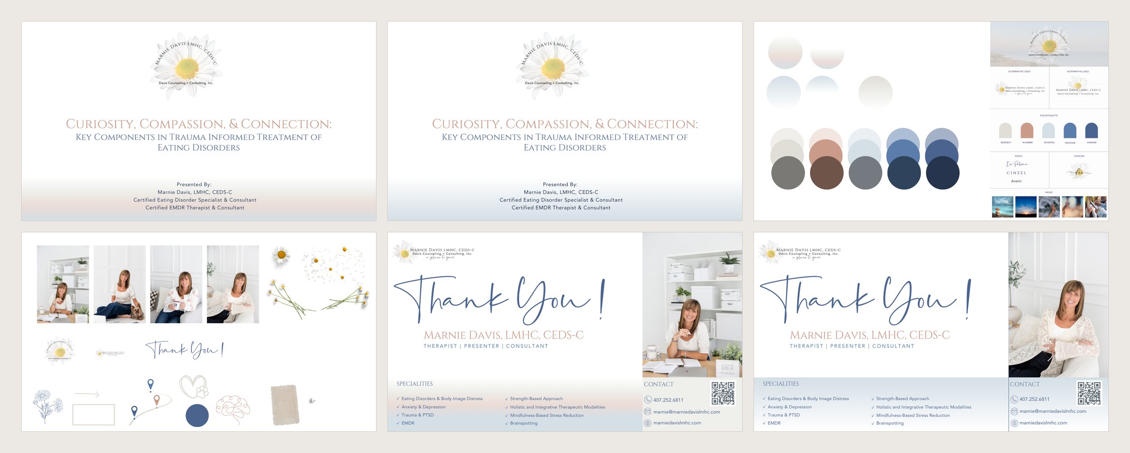 Six slides from Marnie's presentation template in two colorways: title slides, palette, brand elements and thank-you slides.