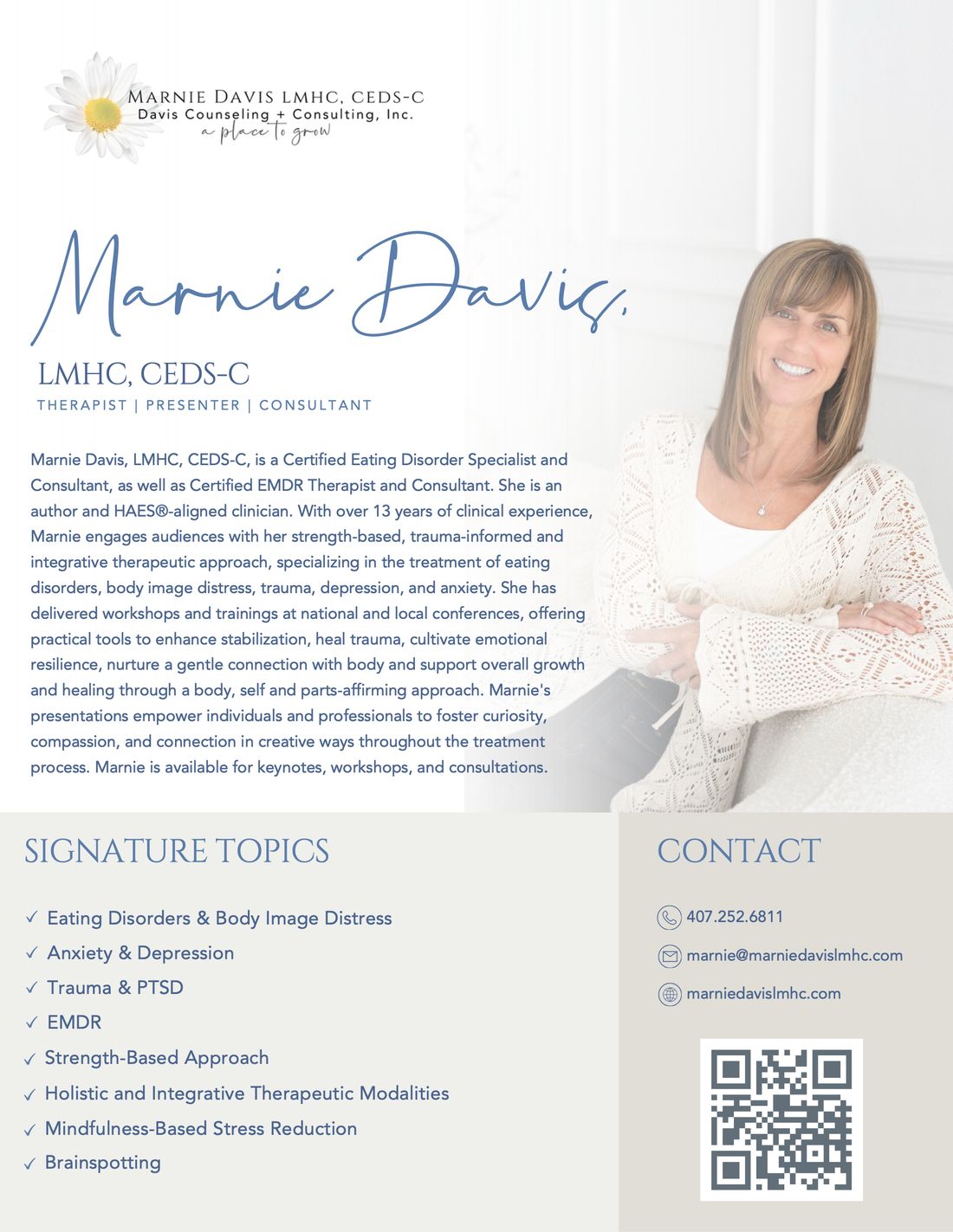 Marnie Davis speaker sheet in blue: her name in script, portrait, bio, signature topics and contact details.