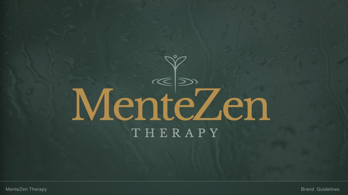 MenteZen Therapy brand guide cover: the gold sprout logo on deep forest green.