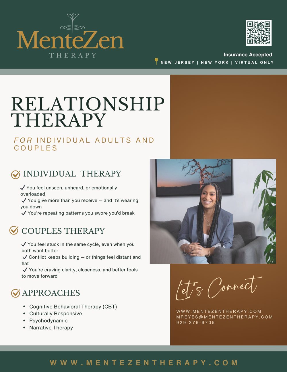 MenteZen Therapy flyer: relationship therapy for individual adults and couples.