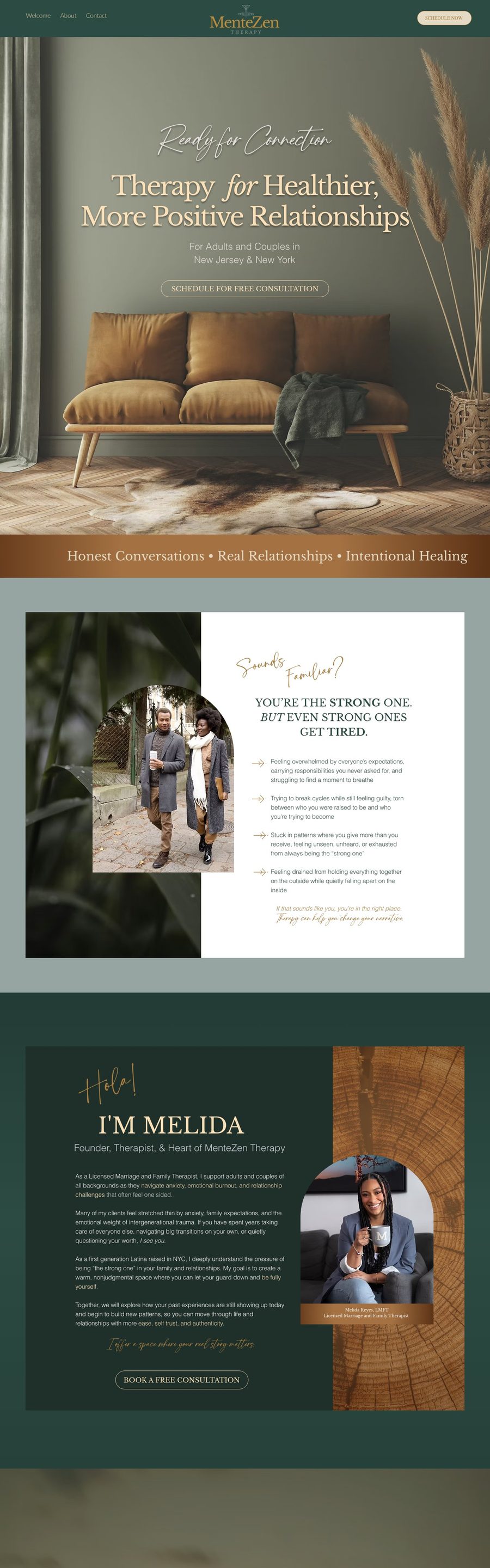 The full MenteZen Therapy homepage, from Ready for Connection to the contact section.