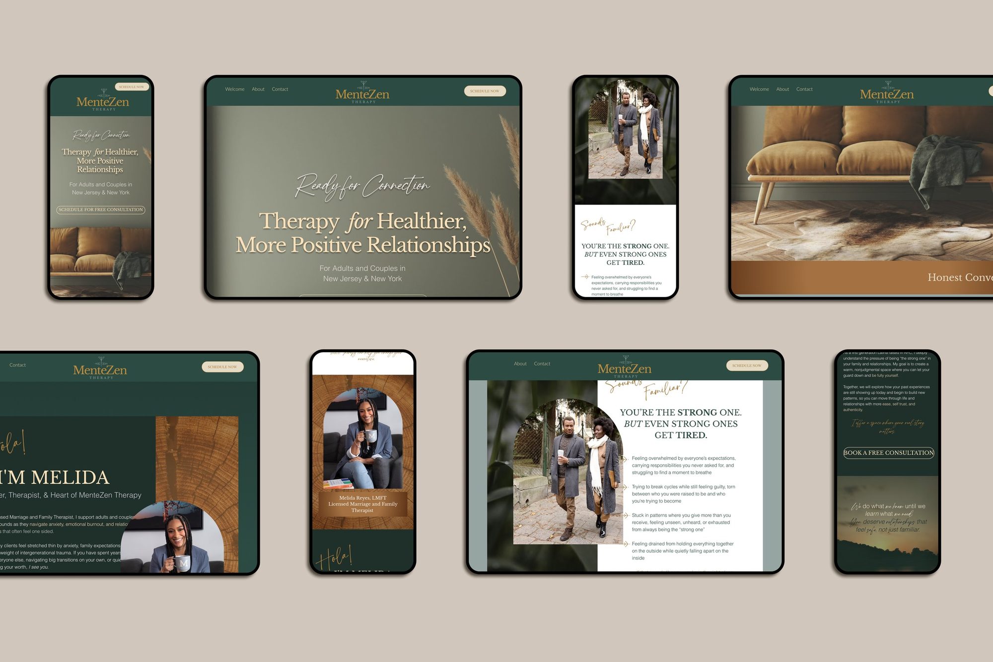 MenteZen Therapy on four phones and four tablets, in forest green and warm wood.