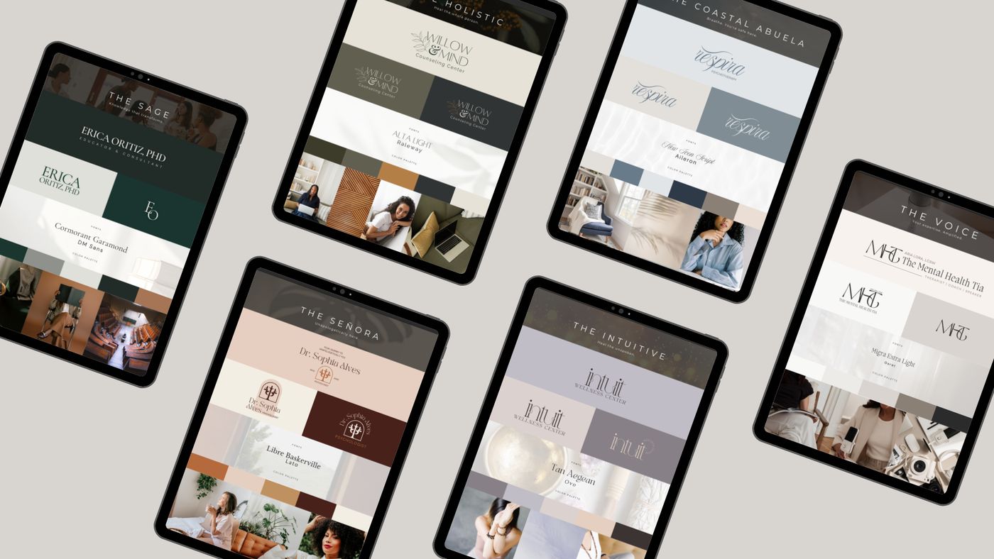 Six YM SolSuite template brand kits on tablets: The Señora, The Holistic, Willow and Mind, The Coastal Abuela, The Voice and The Intuitive.