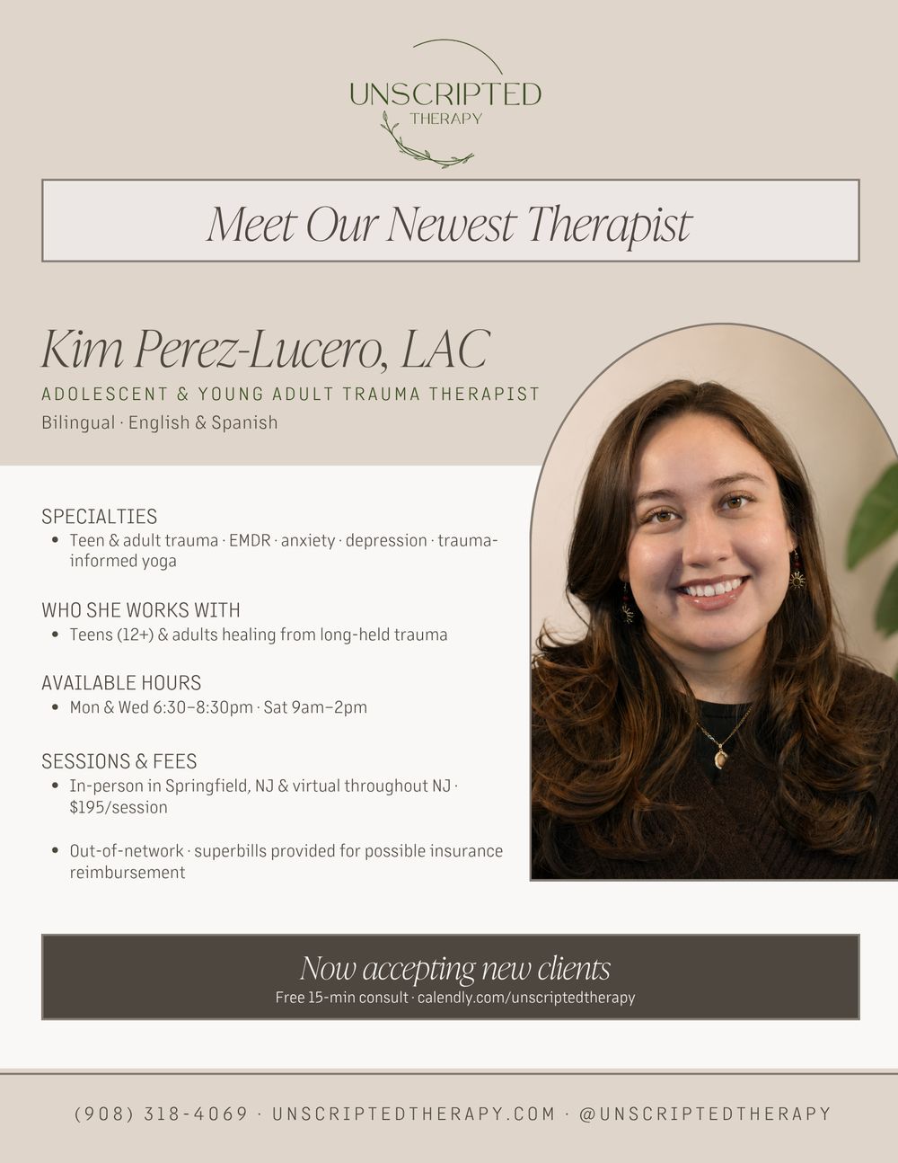 Meet Our Newest Therapist flyer for Kim Perez-Lucero, LAC.