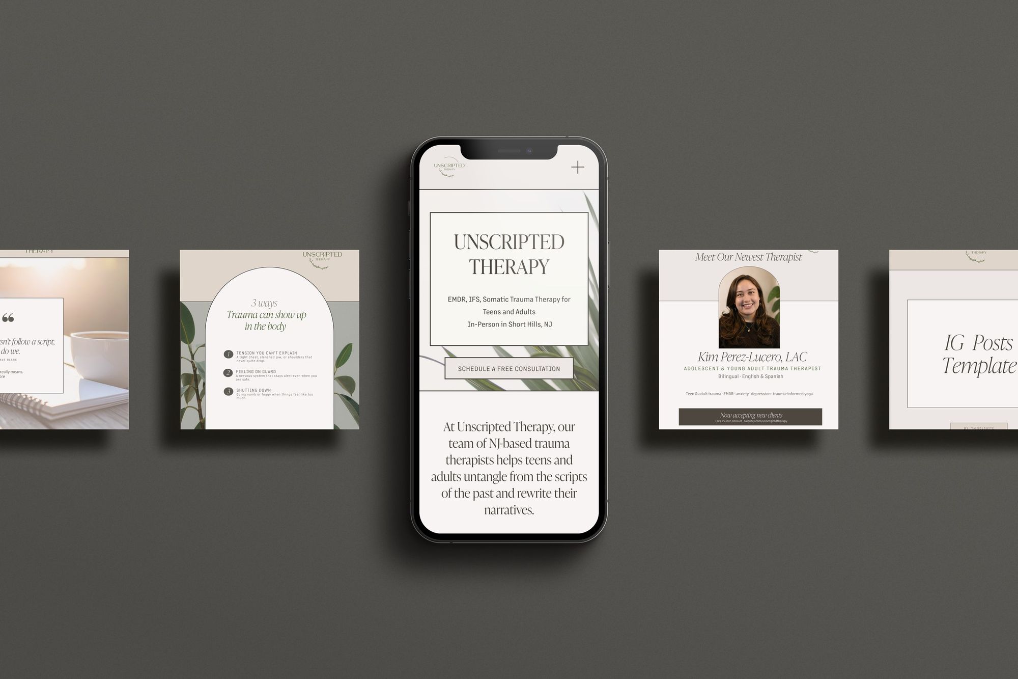 Unscripted Therapy's website on a phone, flanked by four Instagram posts.