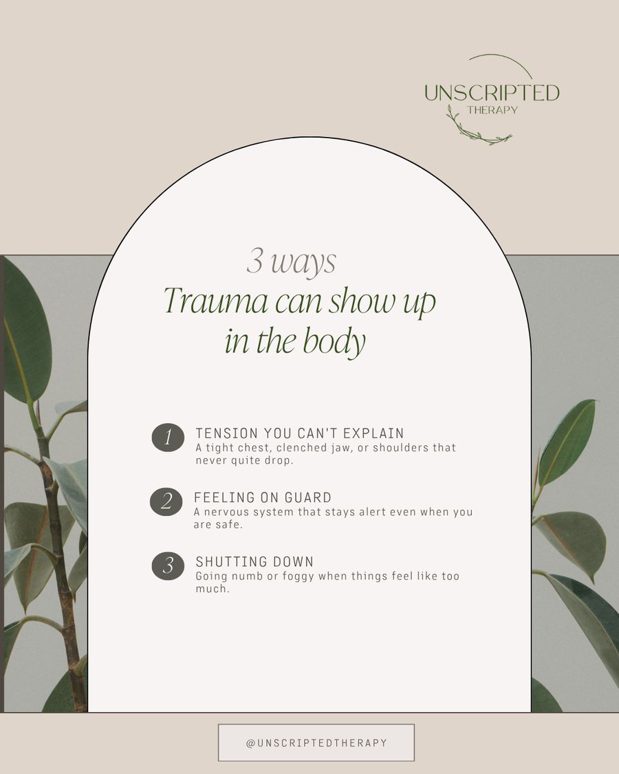 Instagram post: 3 ways trauma can show up in the body, under a soft arch with a plant.