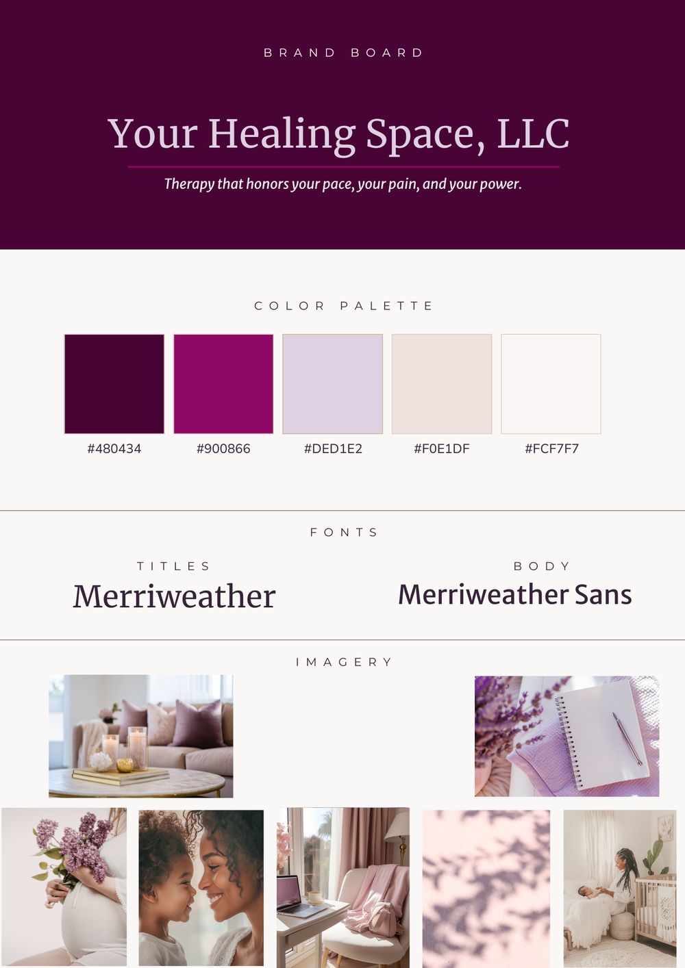 Your Healing Space brand board: plum, fuchsia, lavender and blush, Merriweather type and warm imagery.