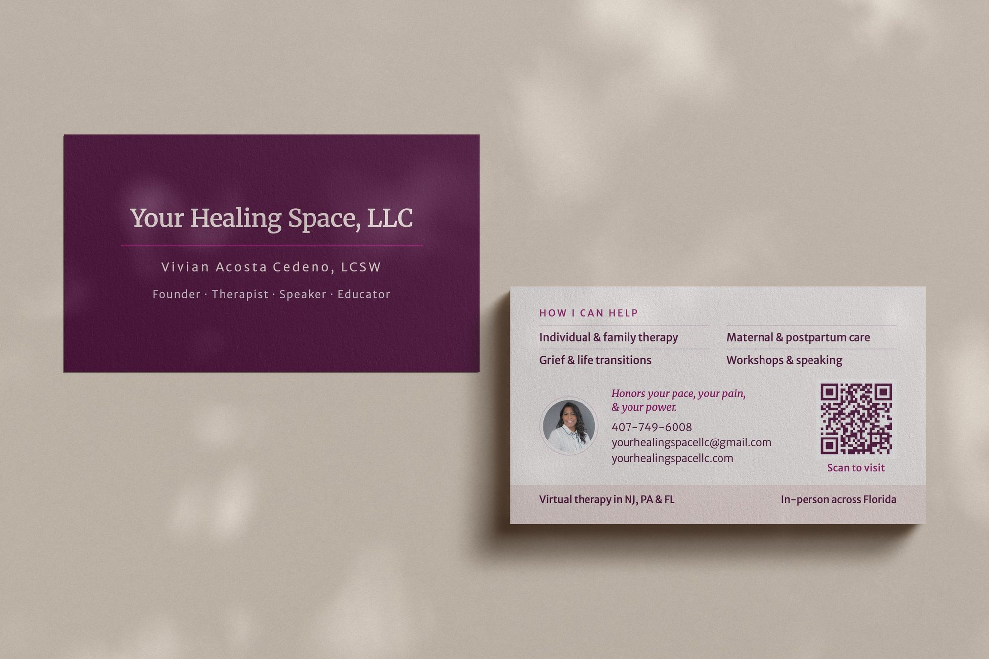 Your Healing Space business cards, front and back.