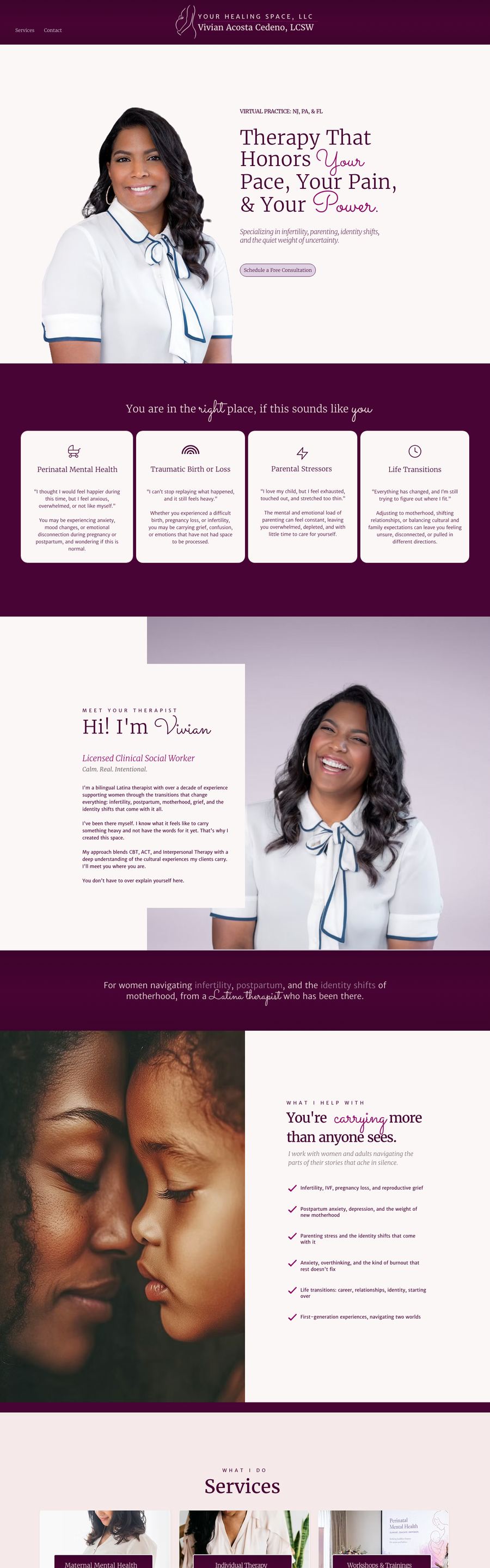 The full Your Healing Space homepage in plum and blush.