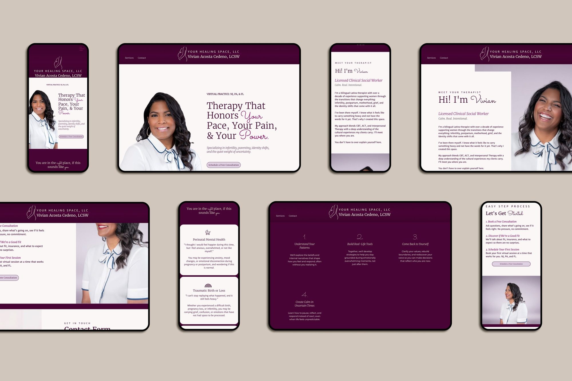 Your Healing Space on four phones and four tablets, in plum and blush.
