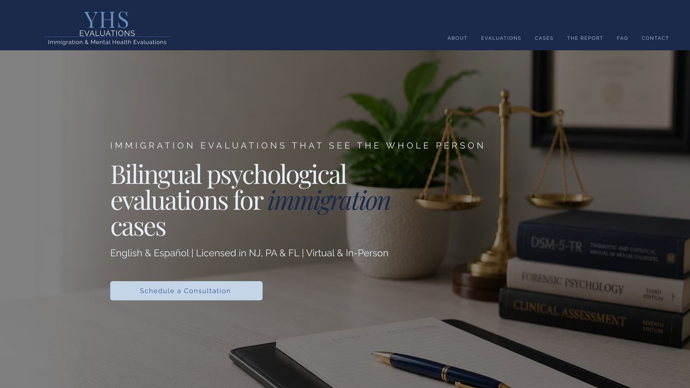 YHS Evaluations homepage: bilingual psychological evaluations for immigration cases, in navy with a desk and scales of justice.